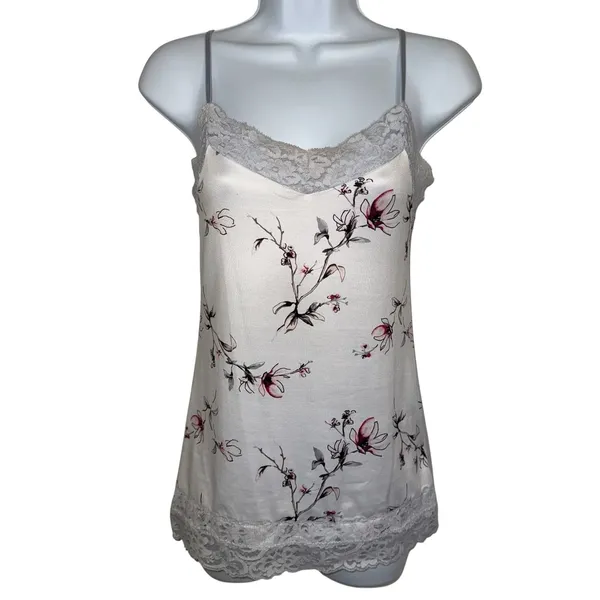 WHITE‎ HOUSE BLACK MARKET White Floral Lace Trim Cami Tank Top EUC Size XS - Image 2