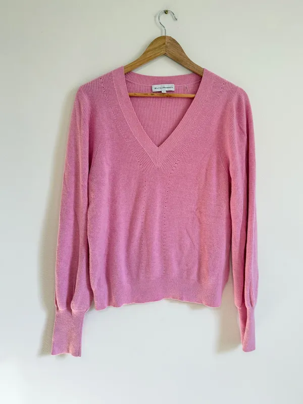 White + Warren Pink Cotton Silk Rib Trim Crew Neck Sweater Size Large - Image 2