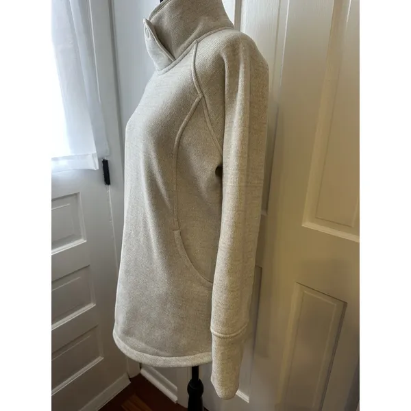 Prana Funnel Neck Pullover Sweater Beige Heather Women’s Large Snap Collar Cozy - Image 3