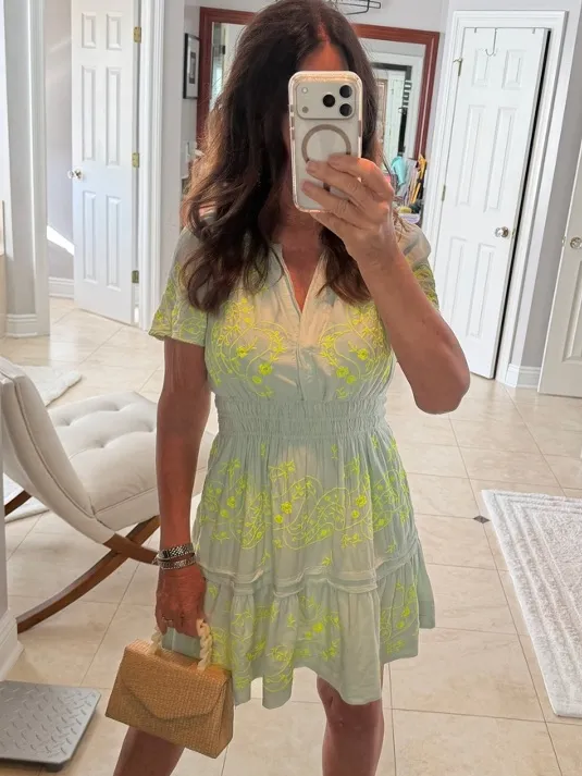 Anthropologie The Somerset Mini Dress Embroidered Linen short sleeve splice mint - Image 11