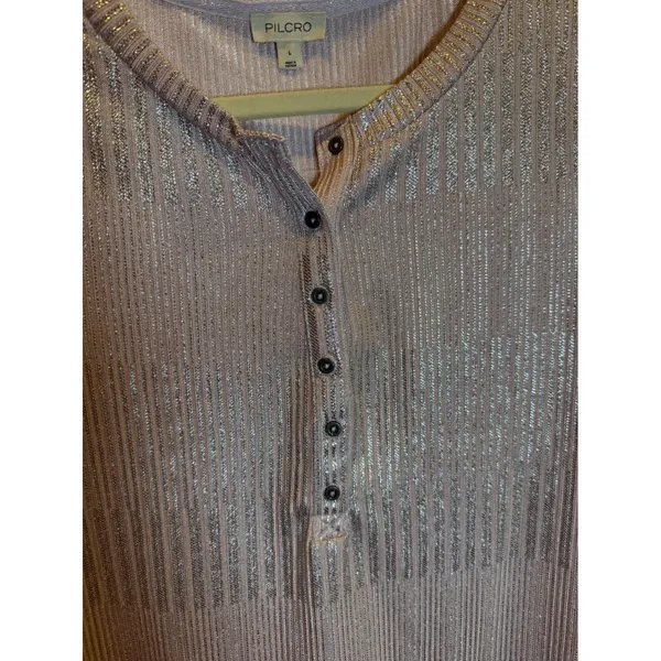 Pilcro Anthropologie Metallic Pink Silver Ribbed Henley Long Sleeve Size Large - Image 6