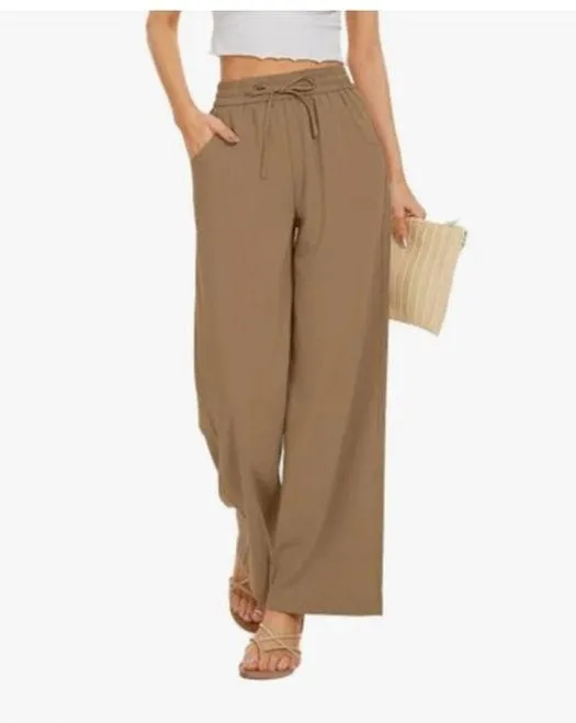 NEW Flowy Drawstring Waist Wide Leg Palazzo Beach Pants Loose Fit Pockets M - Image 3