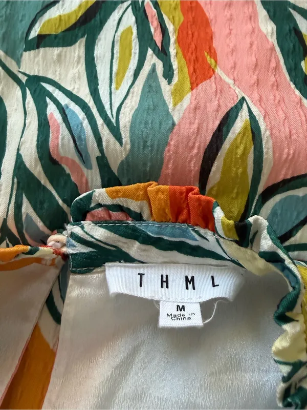 THML Botanical Print Dress Size Medium Ruffled Hem & Neckline - Image 4