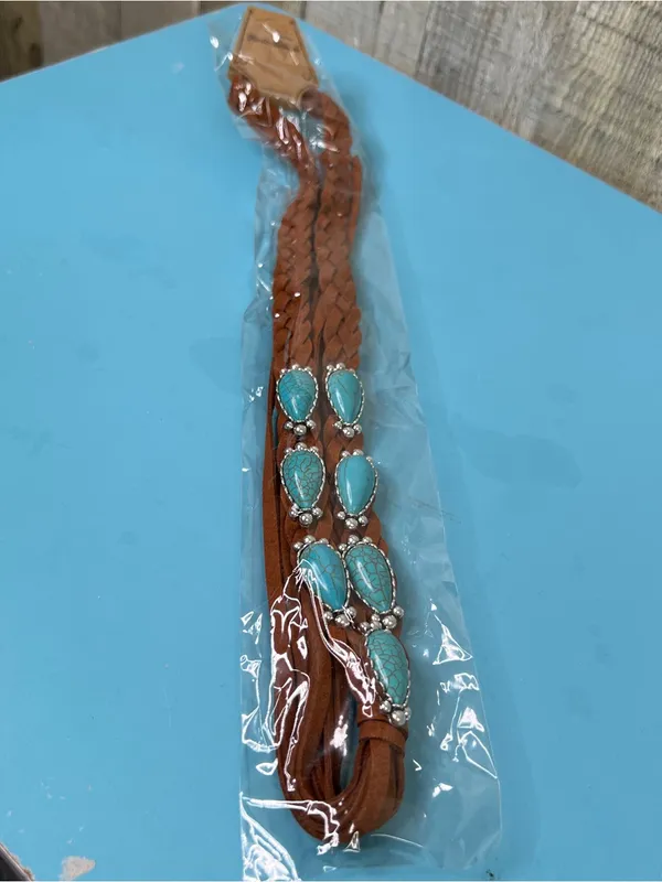 Rustic Couture Braided Tassle with Faux Turquoise Stones in a Silver Tone Concho - Image 5