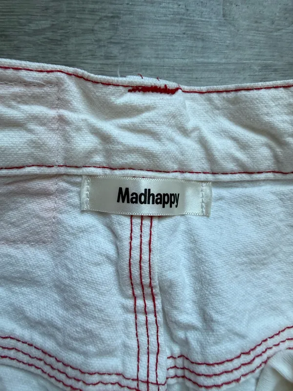Madhappy Mid Rise Straight Leg 5 Pocket Off-White Jeans Red Stitching Size S - Image 3
