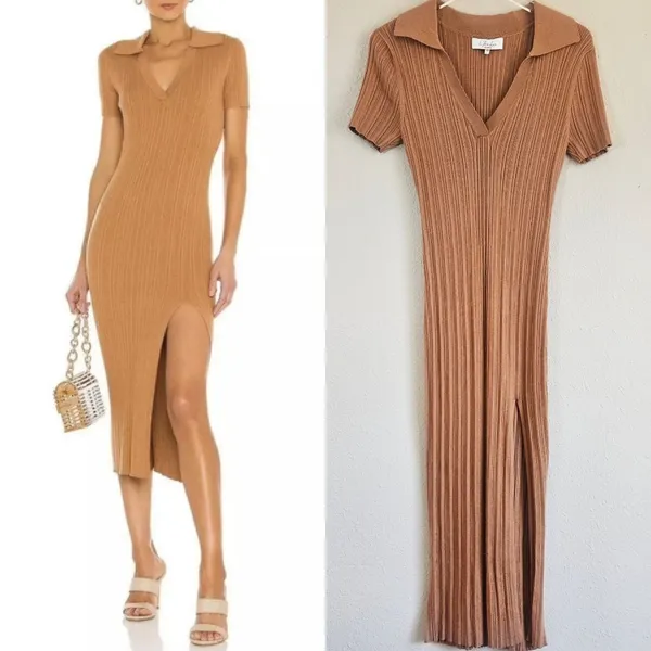L'Academie Robe Pull‎ Geneva Dress in Camel Size Large Ribbed Midi with Slit NEW - Image 2