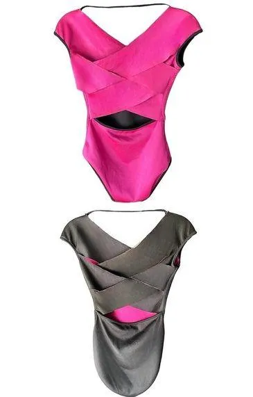 REVERSIBLE Bright Pink & Black Crisscross Open Back Micro Cap Sleeve Leotard - Image 2