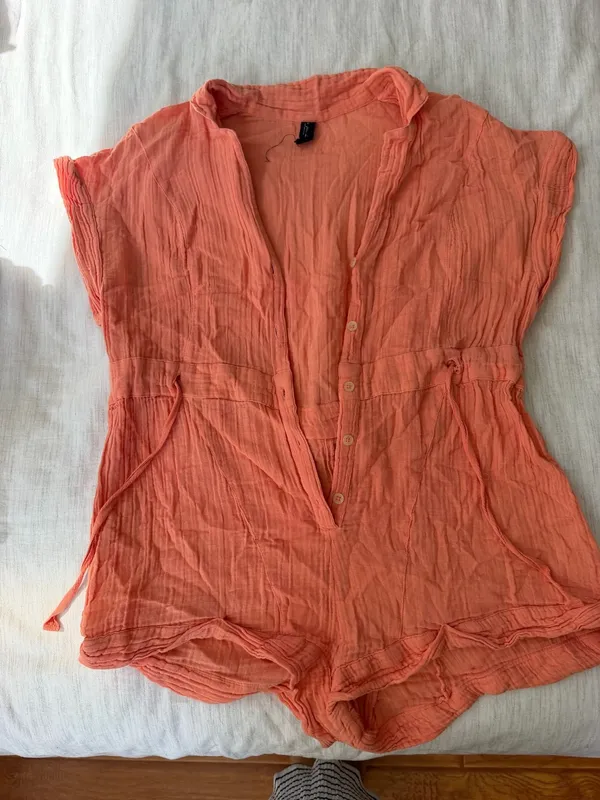 UO Out From Under peach crinkle gauze button-down romper - Image 2