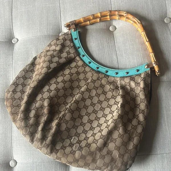 Gucci Bamboo Top Handle Handbag Canvas/ Teal Leather - Image 10