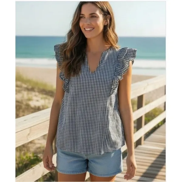 Barbour Thistle Ruffle Sleeve Gingham Top Women's Size‎ 4 Coastal Chic - Image 6