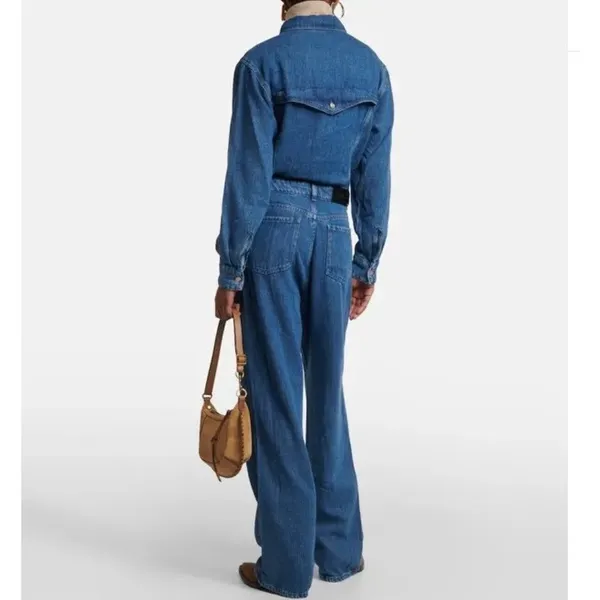 7 For All Mankind‎ Western Denim Jumpsuit Long Sleeve Wide Leg Dolly Blue Medium - Image 3