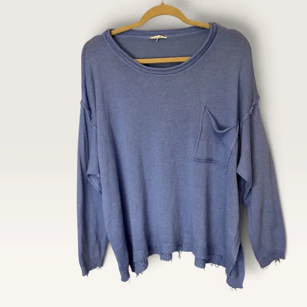 Easel Los Angeles Blue Oversized Distressed Knit Sweater Pocket Top Small - Image 2