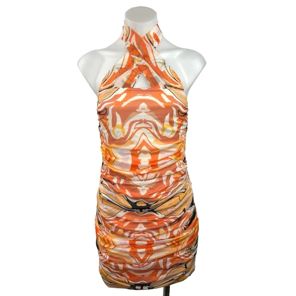 Princess Polly Viviana Orange Geometric Halter Neck Ruched Mini Bodycon Dress 6 - Image 6