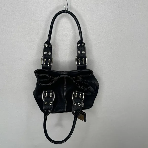 Tignanello Black Genuine Leather Satchel Handbag Buckle Top Handle Y2K - Image 5
