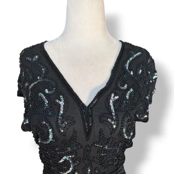 Vintage Black Beaded Sequin Evening Gown Maxi Dress Art Deco Formal Glam Elegant - Image 2