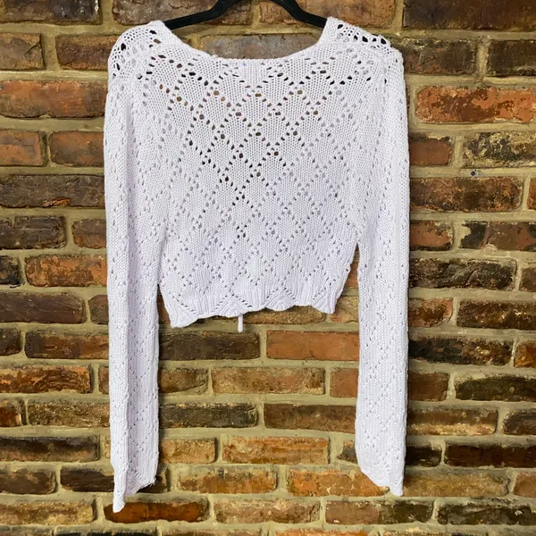 Francesca's Blue Rain Lilac Belle Keyhole Crochet Crop Cardigan Sweater Medium - Image 7