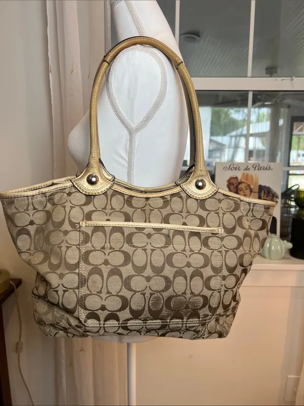 Coach Beige Signature Canvas Tote with Gold Trim - Image 3