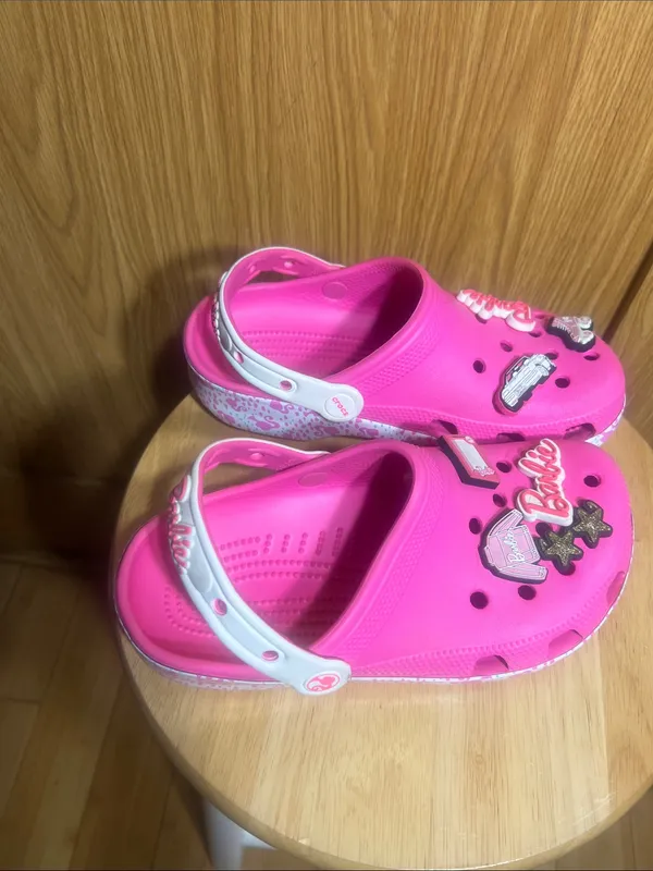CROCS Hot Pink Sandal Clogs with White Heel Strap and Barbie Charms - Image 6