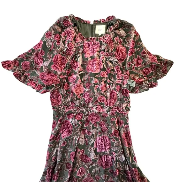 Salt Dark Rose Floral Burnout Velvet Midi‎ Dress Puff Sleeve Pink Purple Ruffle - Image 2