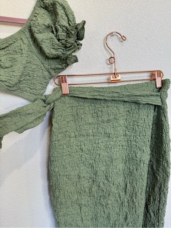 SheIn Sage Green Textured Two Piece Beach Set Wrap Skirt Puff Sleeve Top - Image 5