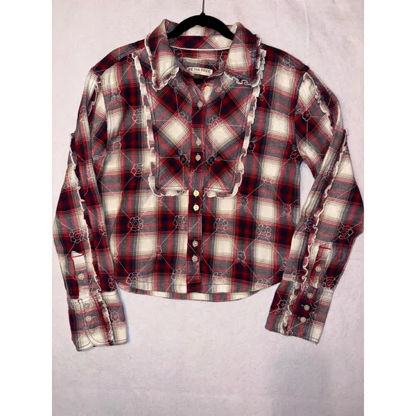 We The Free Free People Georgia Plaid Embroidered Button Down‎ Ruffle Shirt NWT - Image 5