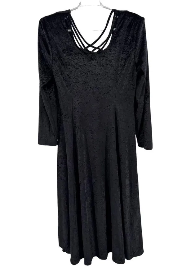Black vintage crushed velvet Midi Dress long sleeve flowy cross cross back witch - Image 2