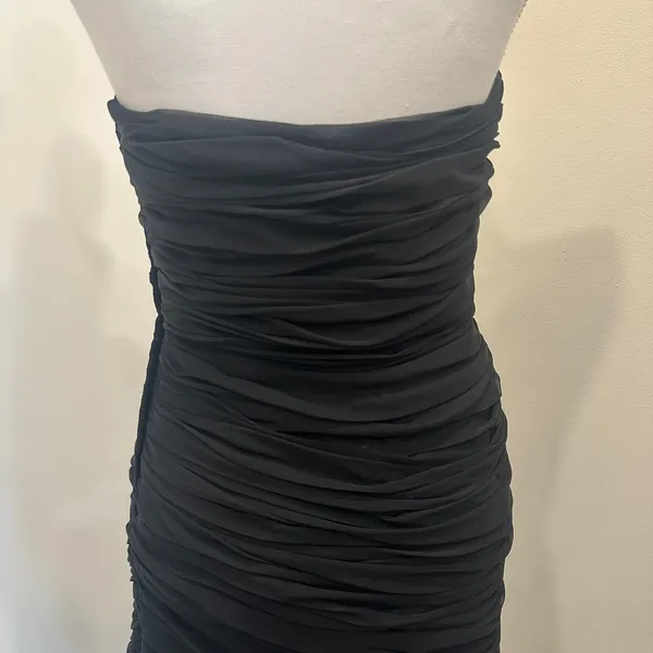Victor Costa Vintage 1980s Black Ruched Strapless Lace Hem Gothic Cocktail‎ Sz 6 - Image 7