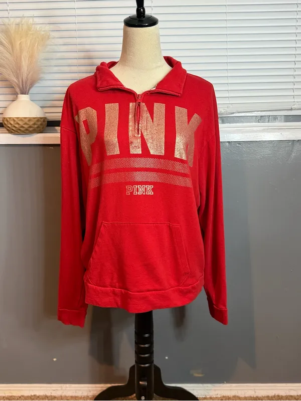 PINK Victoria’s Secret Red Quarter Zip Sweatshirt Medium - Image 3