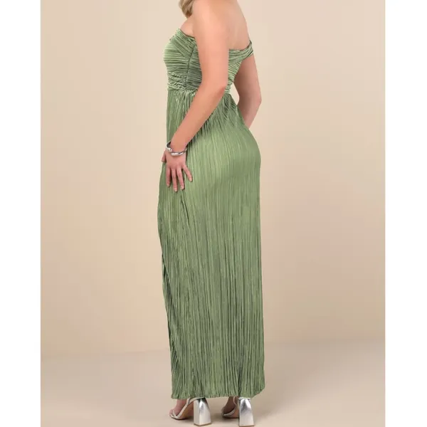 NEW Lulus Poised Performance Olive Green Plisse One-Shoulder Maxi Dress Large - Image 4