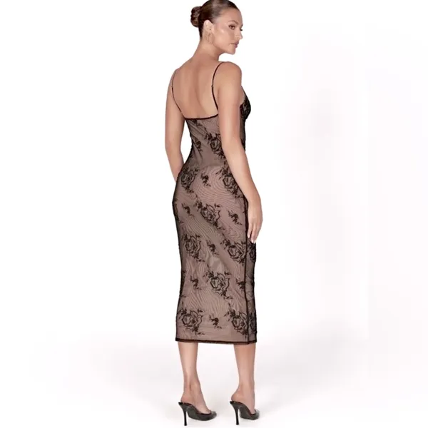Meshki Venice Embroidered Mesh Midi Dress - Black - Image 2