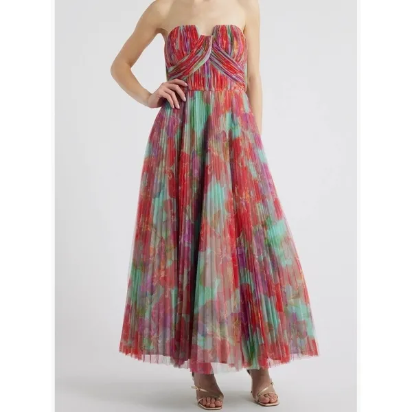 Hutch Corene Strapless Floral Tulle Pleated Maxi Dress Pink Multi Size 20W NWT - Image 2