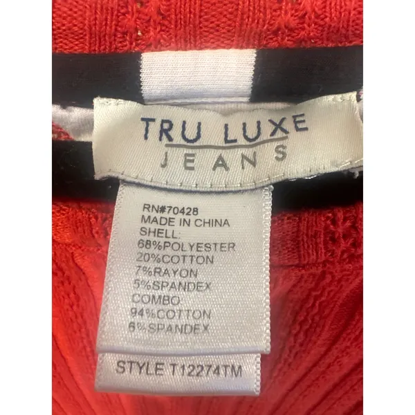 Tru Luxe Jeans Red Textured Knit Top Side Tie Checkered Trim gameday Small - Image 5