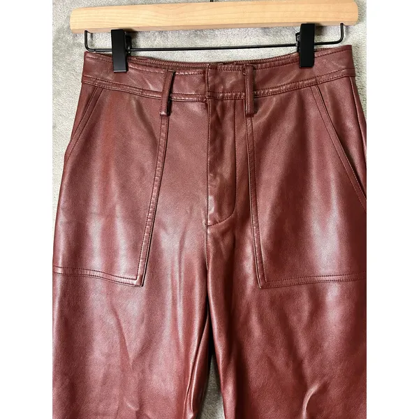 7 For All Mankind Faux Leather Straight Leg Pants Brown High Rise Women's XS - Image 2