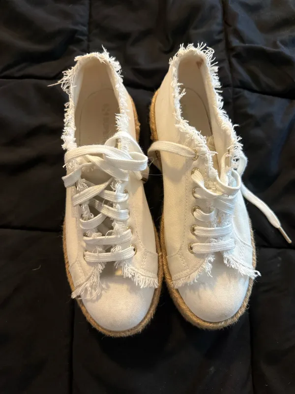 {SUPERGA} White Frayed Canvas Platform Espadrille Sneakers - Image 2