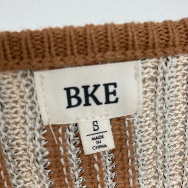 BKE Striped Knit Sweater Fringed Brown Beige Boho Casual S Slouchy Boxy Cozy‎ - Image 4