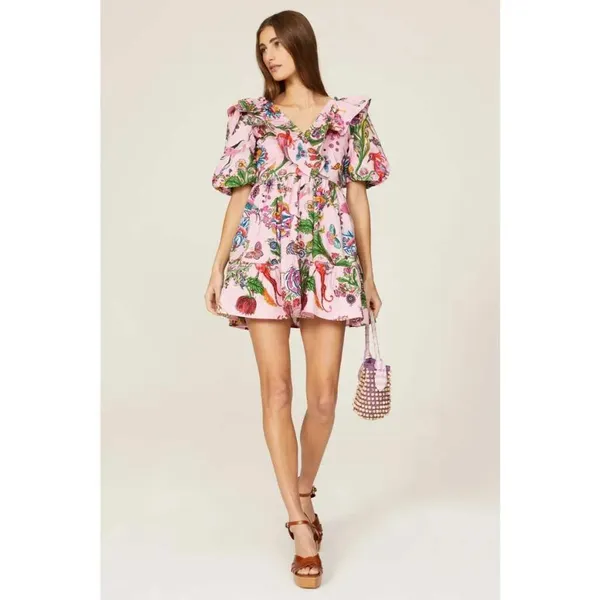 Banjanan Mini Dress Womens XS‎ Pink Toucans Garden Tropical Ruffle Puff Sleeve - Image 3