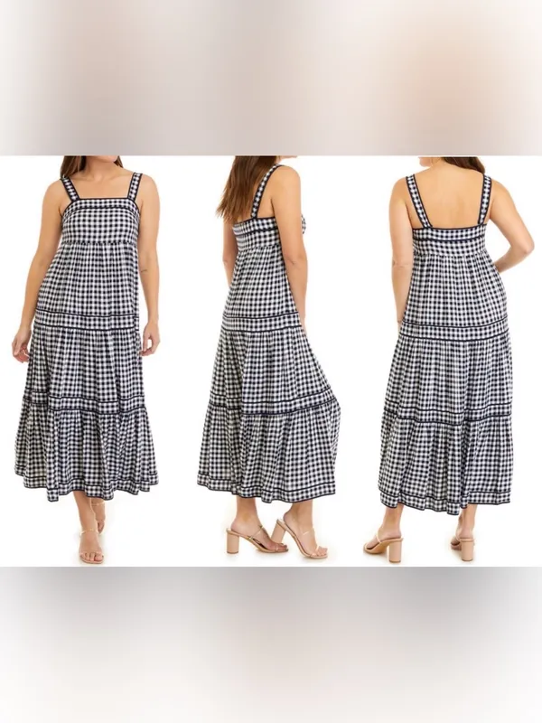 Crown & Ivy Preppy Navy White Gingham Cottagecore Tiered Maxi Summer Sundress 16 - Image 2