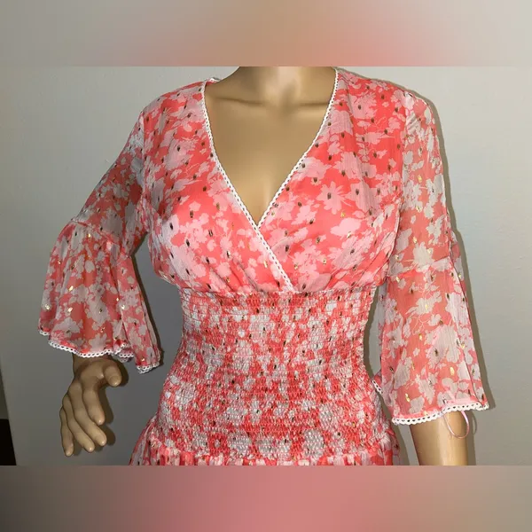 Chelsea & Violet Coral Pink Floral Smocked Mini Dress - Image 3