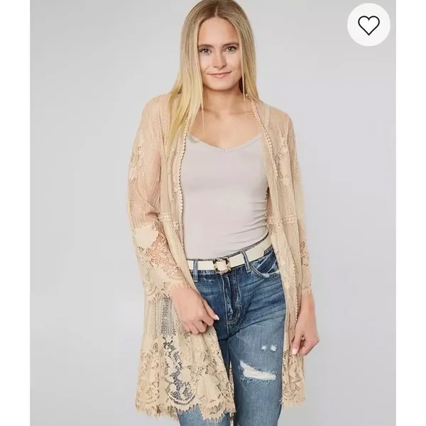 Miss Chievous Womens Nude Tan Floral Lace Open Front Cardigan Kimono L - Image 3