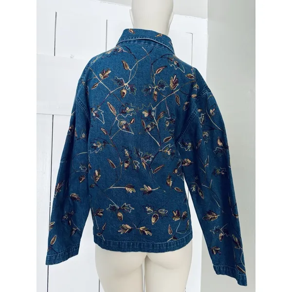 Vintage‎ Tantrums Embroidered Floral Denim Shirt Jacket Button Front Fall Leaves - Image 3