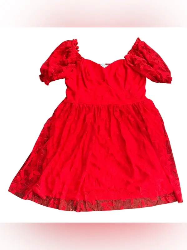 SBetro Plus 2XL Red Lace Overlay Puff Sleeve Sweetheart Mini Dress Coquette NWT - Image 4