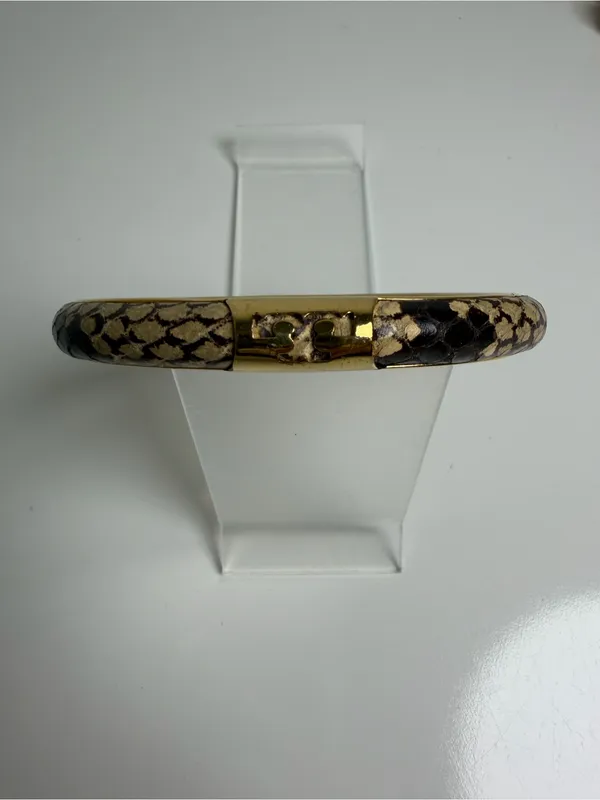 Tory Burch Women’s Leather Inlay Snake Print Gold Double T Bangle Bracelet - Image 3
