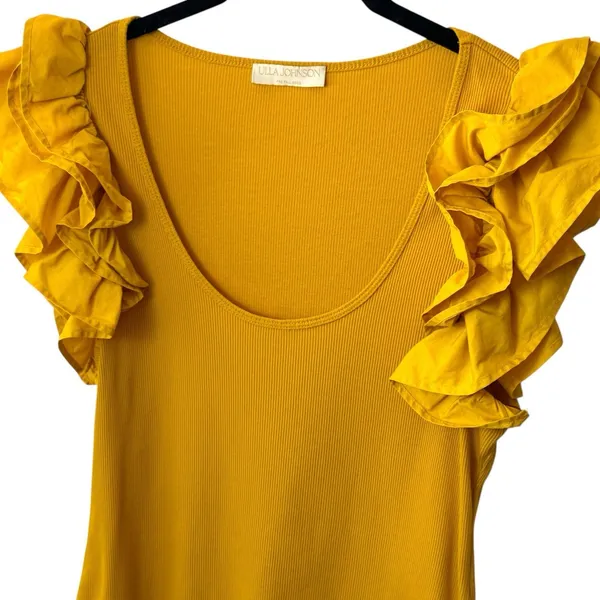 Ulla Johnson‎ Koa Ribbed Knit Top Golden Yellow Ruffle Sleeve Feminine Dainty L - Image 3