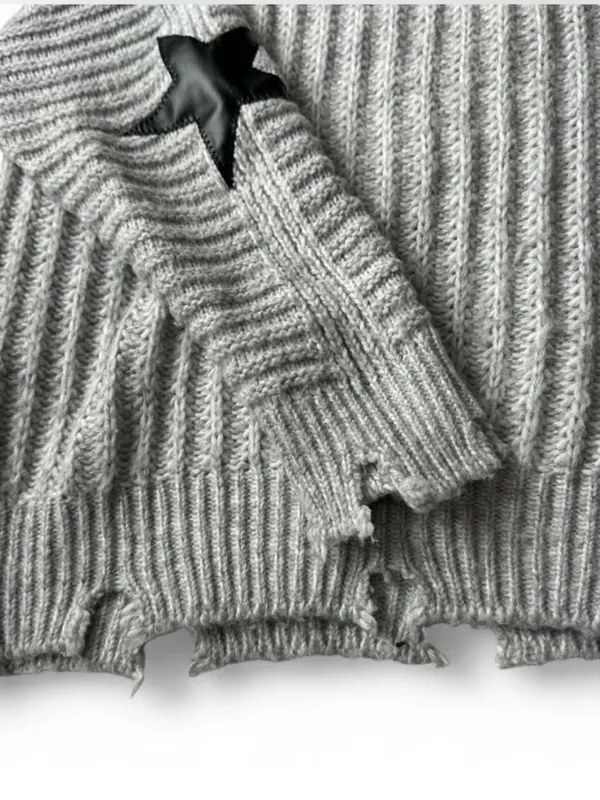 Vintage Havana cable knit grey and black star sleeve sweater - Image 4
