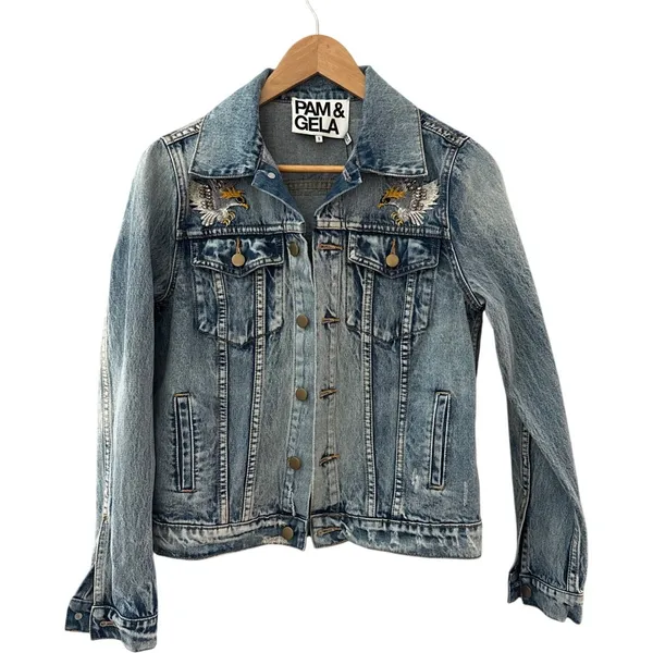 PAM & GELA Statement Denim Embroidered Jacket with Rhinestone Eagles‎ Size Small - Image 4