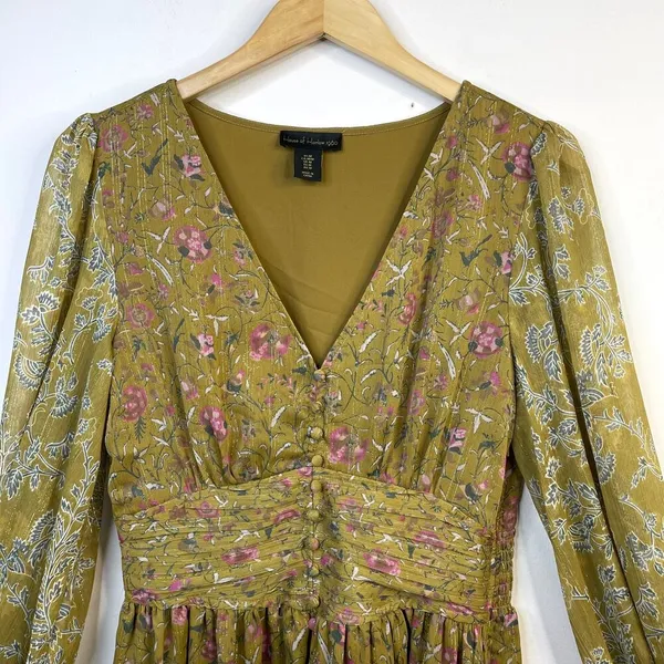 House of Harlow 1960 Mustard Floral Smocked Long Sleeve Flowy Smocked dress M - Image 2