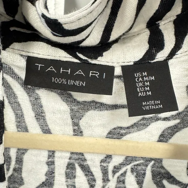 Tahari 100% Linen Zebra Print V-Neck Cap Sleeve‎ Top T-shirt Black White Med - Image 4