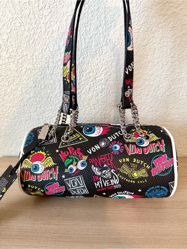 Von Dutch Black Graphic Barrel Crossbody Bag with Multicolor Patches - Image 3