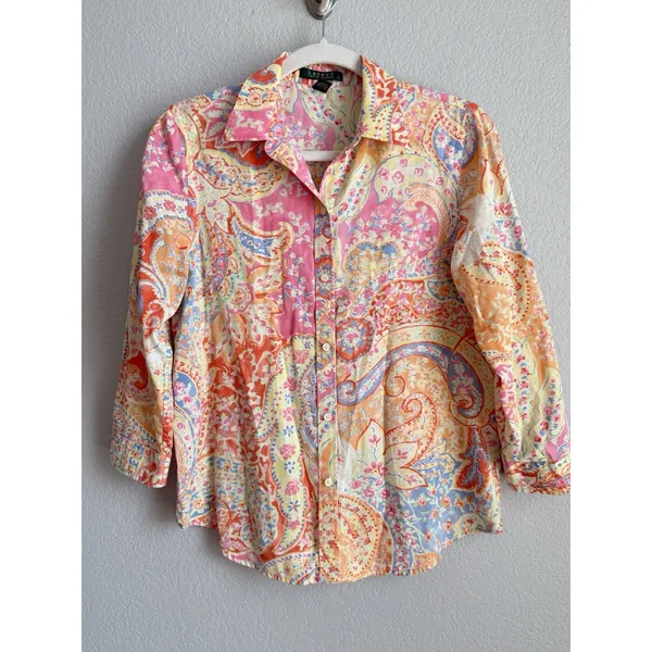 Lauren Ralph Lauren Colorful Paisley Shirt 3/4 Sleeve Preppy Coastal Size M - Image 5
