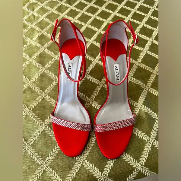 Alfani Ashton Red High-Heels with Rhinestones Ankle Strap 10M Shoes 3 1/2” Heel - Image 2